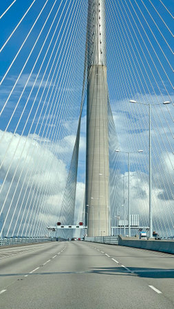 The vertical highway bridge building with clean blue sky at daytime