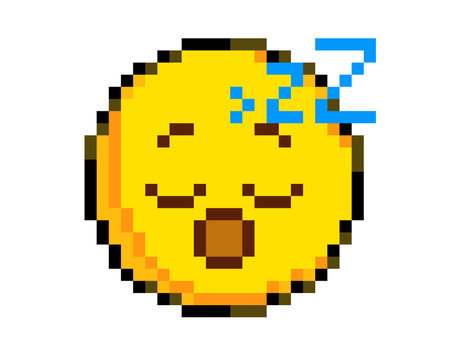 The isolated 8 bits pixel art yellow sleepy face with ZZZ symbols flat icon