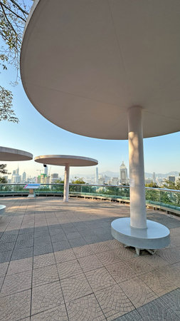 The vertical Hong Kong outdoor park with traditional retro pavilion