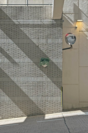 The image captures the interplay of light and shadow on a textured concrete wall, with a security...