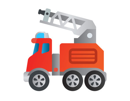 A bright, cartoonish illustration of a fire engine featuring a retractable ladder and emergency...