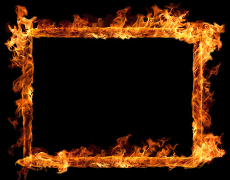 A dynamic border composed of vibrant, flickering flames creates a striking rectangular shape on a deep black canvas, evoking heat and intensity