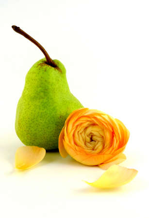 Pear with Ranunculusの写真素材