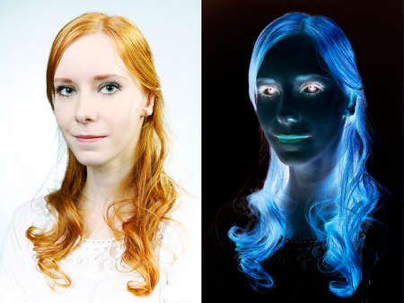 Positive and color negative of young redhead beauty photographed in studio.