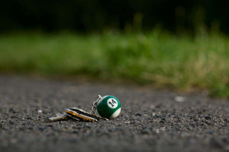 Lost keys with pendant at the park sidewalk