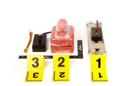 Documentation of seized plastic explosives and bomb components with radio detonator