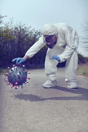 Man in protective antibacterial suit catching virion of coronavirus