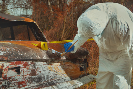 Older red car burned by criminals examined by police technicianの写真素材
