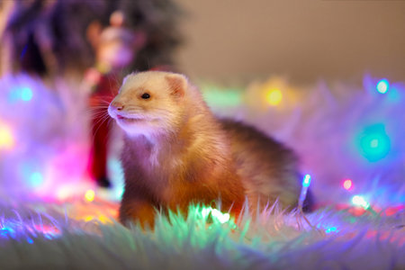 Studio portrait of adult ferret in christmas style with led lights