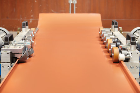 Detail of shaping sheet metal roof components in workroom