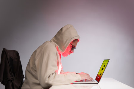 Older criminal man using computer for remote money robberyの写真素材
