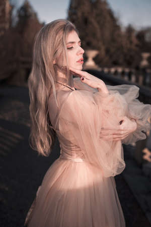 Pretty lady in evening apparel posing in night castle garden