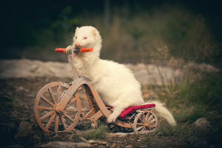 Albino color ferret riding a tricycle on forest road locationの写真素材