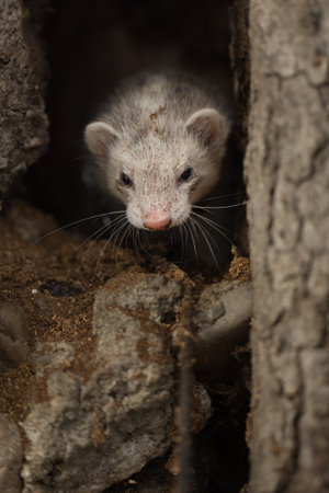 Ferret enjoying walking and exploring of tree holes in winter parkの写真素材