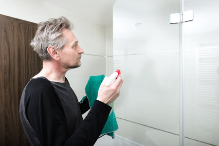 Older man cleaning bathroom space in apartmentの写真素材