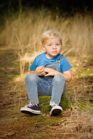 Small boy dressed in jeans posing on stump and footpath in forestの写真素材