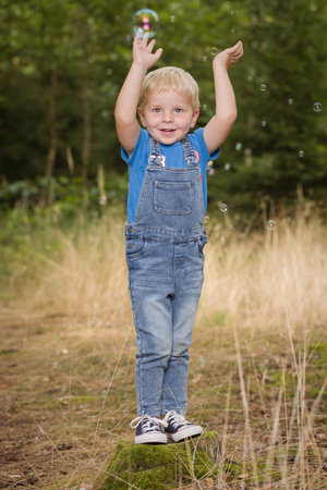 Small boy dressed in jeans posing on stump and footpath in forestの写真素材