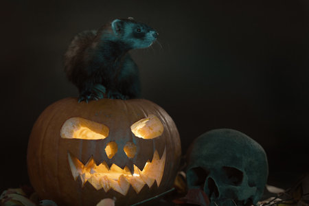 Cat with shining pumpkin and skull on black background in studioの写真素材