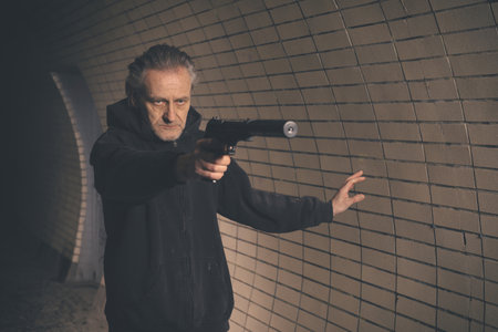 Old member of criminal gang armed with handgun in dark tunnel