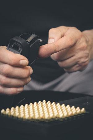 Loading pistol and handling with semiautomatic 9 mm pistol details