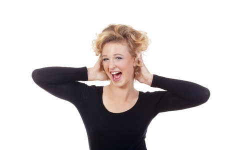 young blond woman in black top laughing - isolated on white