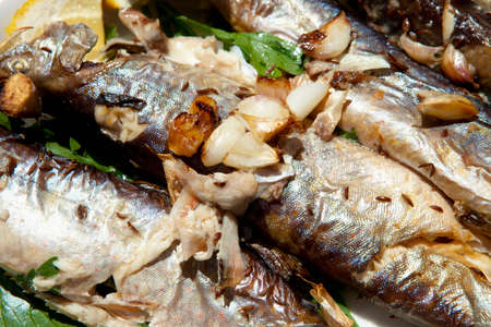 Baked Trout with Garlick and Mushrooms.の写真素材