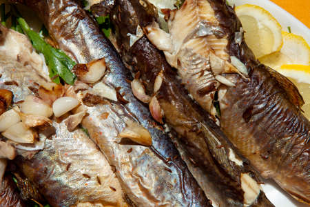 Baked Trout with Garlick and Mushrooms.の写真素材