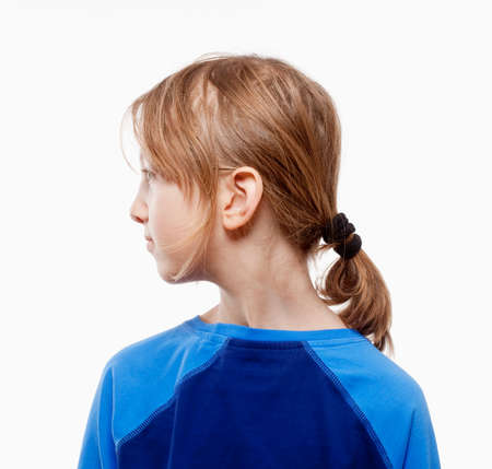 Portrait of a Boy with Long Blond Hair - Isolated on Whiteの写真素材