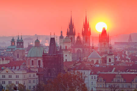 Czech Republic, Prague - Spires of the Old Town at Sunriseの写真素材