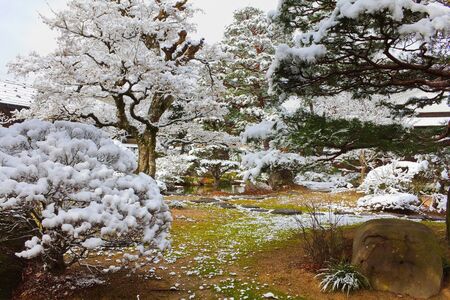 Japanese Garden Covered with Snow の写真素材