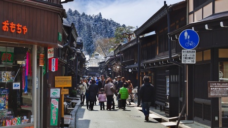 TAKAYAMA, JAPAN - MARCH 26  Unidentified people at Sannomachi Street, the old town area which has museums and old private houses, some survive from Edo period on March 26, 2012 in Takayama, Japan のeditorial素材