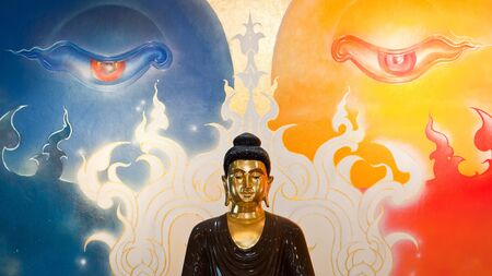 BANGKOK, THAILAND - SEPTEMBER 9  Buddha Enlightenment Statue, Thailand on September 9, 2012  At Wat Klong Klu, the staue and the painted background portray how Buddha discovers the truth about life のeditorial素材