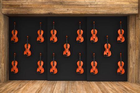 3d render of Violins hung on the wall