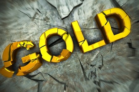 3D Rendering of a gold text shatterd on the floorの写真素材