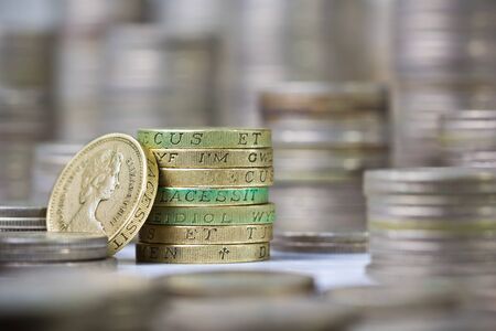 Closeup of stack of british pound coins