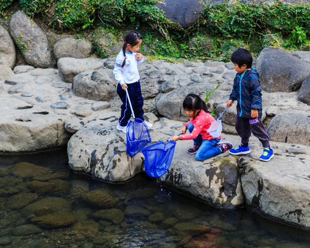 NAGASAKI, JAPAN - NOVEMBER 14  Nakashima River in Nagasaki, Japan on November 14, 2013  Teachers take smalls students to collect garbage from the river as an activity for environmental learning processのeditorial素材