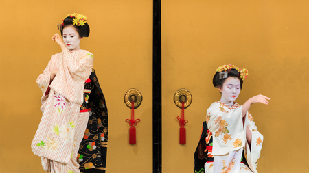 KYOTO, JAPAN - NOVEMBER 18  Kyomai Dance  in Kyoto, Japan on November 18, 2013  Unidentified Geisha performs Kyomai dance which adopted the elegance and of the imperial court mannerのeditorial素材