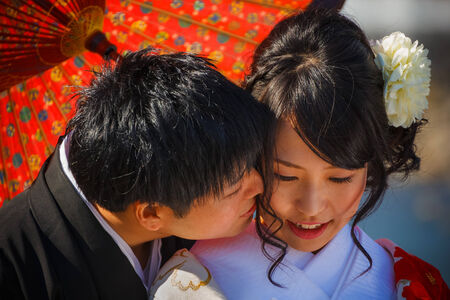 KYOTO, JAPAN - NOVEMBER 19  Japanese Couple in Kyoto, Japan on November 19, 2013  Unidentified groom and bride dress traditional costumes for their wedding ceremonyのeditorial素材