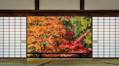 A room with a Japanese garden view at Tenryu-ji Temple in autumn in Kyotoのeditorial素材