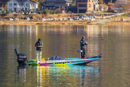 KAWAGUCHIKO, JAPAN - NOVEMBER 22  Fishing People in Kawaguchiko, Japan on November 22, 2013  Unidentified people do the fishing at the Lake Kawaguchiのeditorial素材