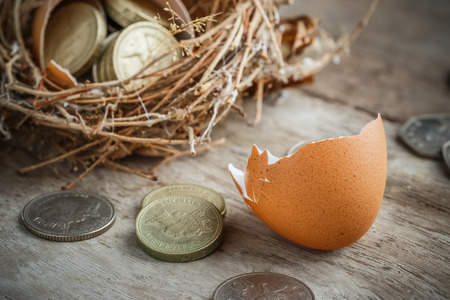 British Pound Coins with Bird Nest and Broken eggの写真素材