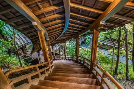 Wooden stair case that leads to Kaisan-do hall at Eikando Temple in Kyoto, Japanのeditorial素材