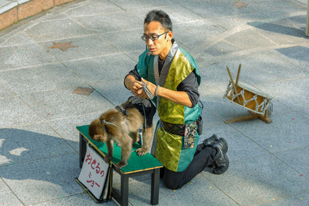 KOBE JAPAN  OCTOBER 26: Monkey Show at Kitano District in Kobe Japan on October 26 2014. Unidentified Japanese perform a monkey show in a square at Kitano Districtのeditorial素材