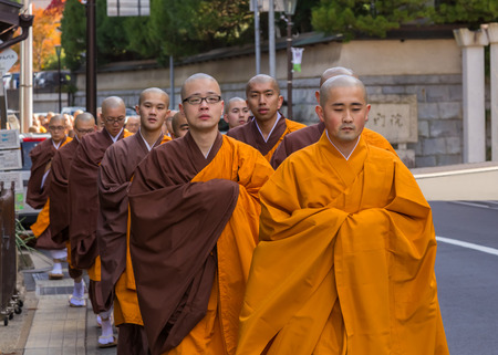WAKAYAMA, JAPAN - OCTOBER 29: Japanese Monk in Wakayama, Japan on October 29, 2014. Unidentified group of japanese monks are on the way to thier temple in Koyasan (Mt. Koya) areaのeditorial素材