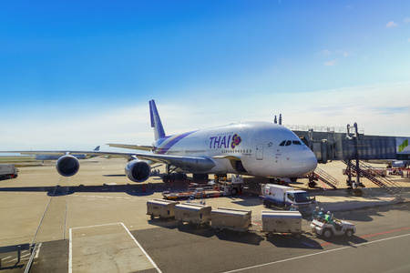 OSAKA, JAPAN - OCTOBER 30: Thai Airways in Osaka, Japan on October 30, 2014. A founding member of the Star Alliance, flies to 78 destinations in 35 countries, using a fleet of more than 80 aircraftのeditorial素材