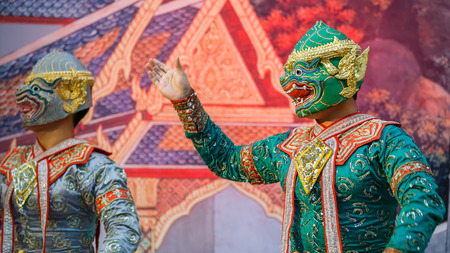 BANGKOK, THAILAND - APRIL 12: Songkran Festival in Bangkok, Thailand on October 12, 2014. Khon (Thai traditional mask dance) performed in Songkran festival to calebrate Thai traditional new year's at Silom roadのeditorial素材