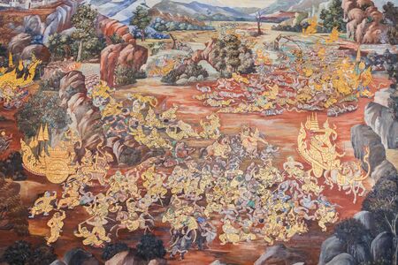 BANGKOK, THAILAND - DECEMBER 19: Wat Phra Kaew in Bangkok, Thailand on December 19, 2014. Mural paintings along the inner wall of the temple portrays the story of Ramayana epic sagaのeditorial素材