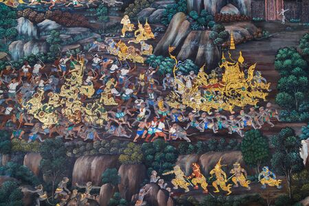 BANGKOK, THAILAND - DECEMBER 19: Wat Phra Kaew in Bangkok, Thailand on December 19, 2014. Mural paintings along the inner wall of the temple portrays the story of Ramayana epic sagaのeditorial素材