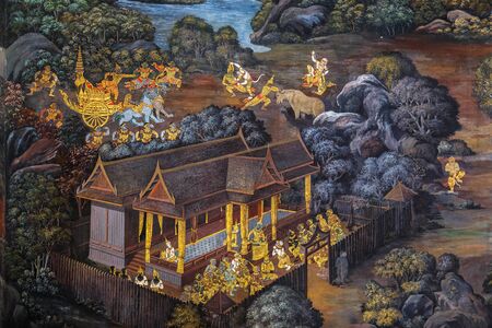 BANGKOK, THAILAND - DECEMBER 19: Wat Phra Kaew in Bangkok, Thailand on December 19, 2014. Mural paintings along the inner wall of the temple portrays the story of Ramayana epic sagaのeditorial素材