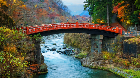 Nikko, Japan - November 16 2015: Shinkyo (Sacred Bridge) stands at the entrance to Futarasan Shrine. The bridge is ranked as one of Japan's finest bridgesのeditorial素材